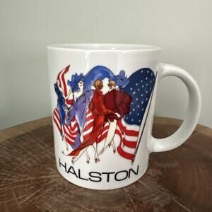 Halston Mug Retro 80s Fashion Colorful Graphic Models American Flag Coffee